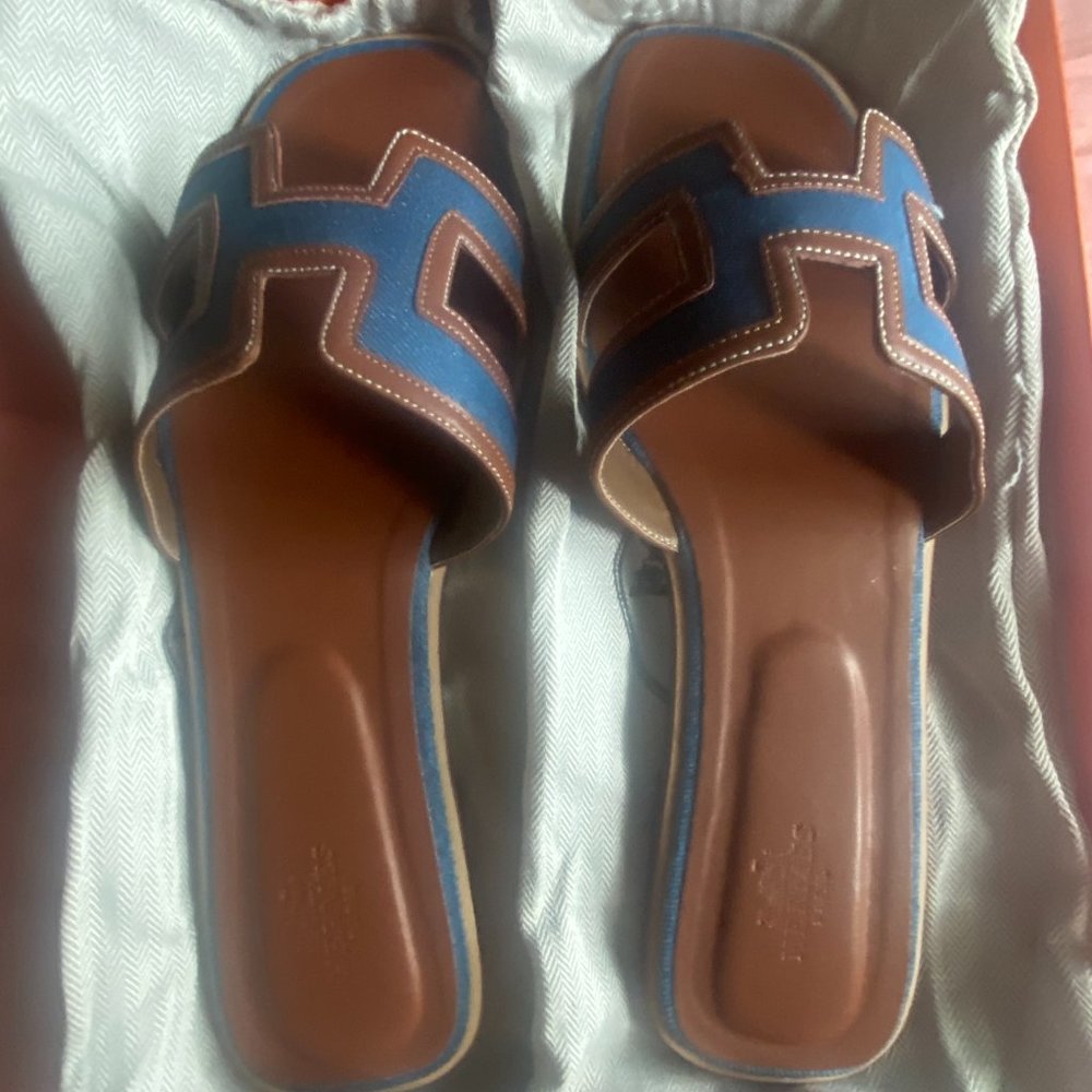 Hermes Oran Denim and Leather Sandals